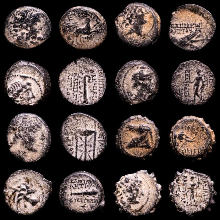 Seleucidriket, 312-63 f.Kr. Lot comprising eight (8) bronze coins Middle East, and at the height of its power included central Anatolia, the Levant, Mesopotamia,  (Ingen reservasjonspris)