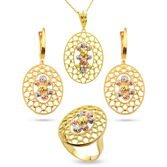 Sin Precio de Reserva - Conjunto de joyas de 3 piezas Bañado en oro, Plata, Filigrana 
