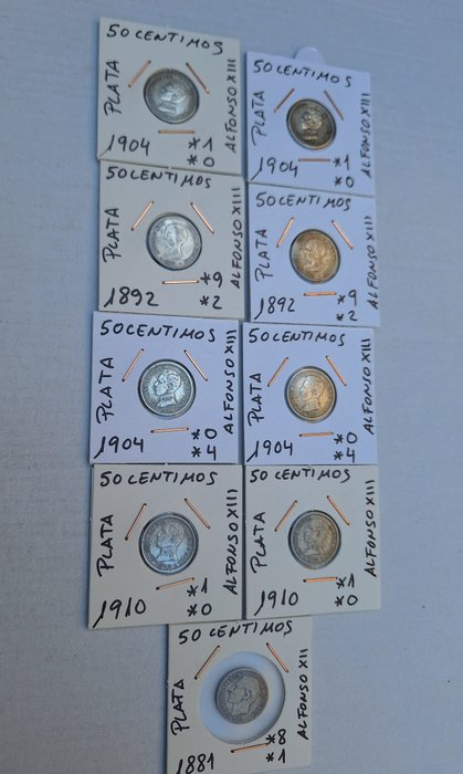 Espagne. Alfonso XII y Alfonso XIII. 50 centimos 1881-1910 (Lote de 9 monedas)  (Sans Prix de Réserve)