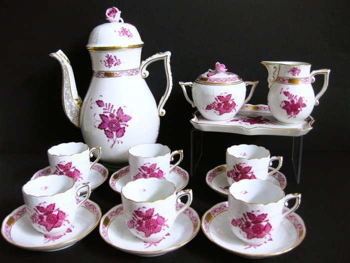 Herend - Kaffeeservice (16) - Compleet voor 6 personen Chinese Bouquet "patroon Apponyi Purple" - Porzellan