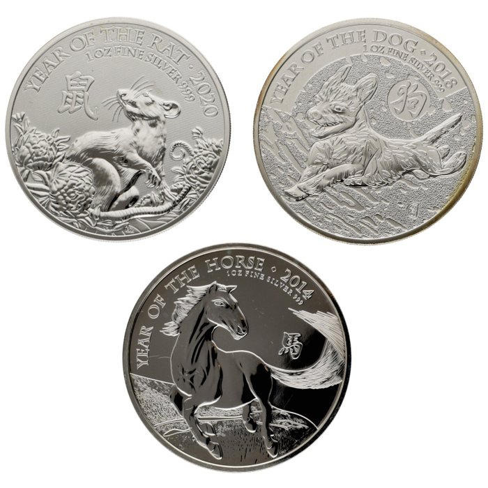 Royaume-Uni. 2 Pounds 2014/2020 ''Horse & Dog & Rat'', 3x1 Oz (.999)  (Sans Prix de Réserve)