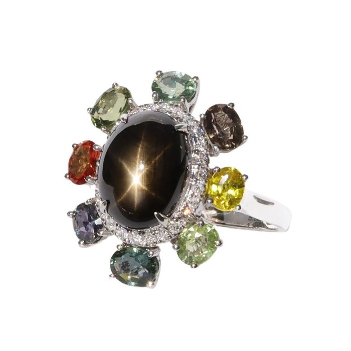 Ohne Mindestpreis - Ring - 14 kt Weißgold, IGI-zertifizierter 5,52 ct ungeheizter Sternsaphir und 1,95 ct Farbsaphir Saphir - Diamant 