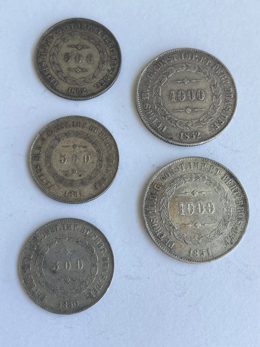 Brasil. Pedro II (1831-1889). 500 + 1000 Reis 1850/1852 (5 monedas)  (Sem preço de reserva)