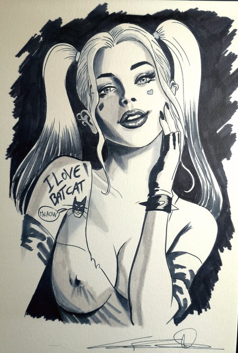 Candita, Giuseppe - 1 Original colour drawing - Harley Quinn - I love Batcat
