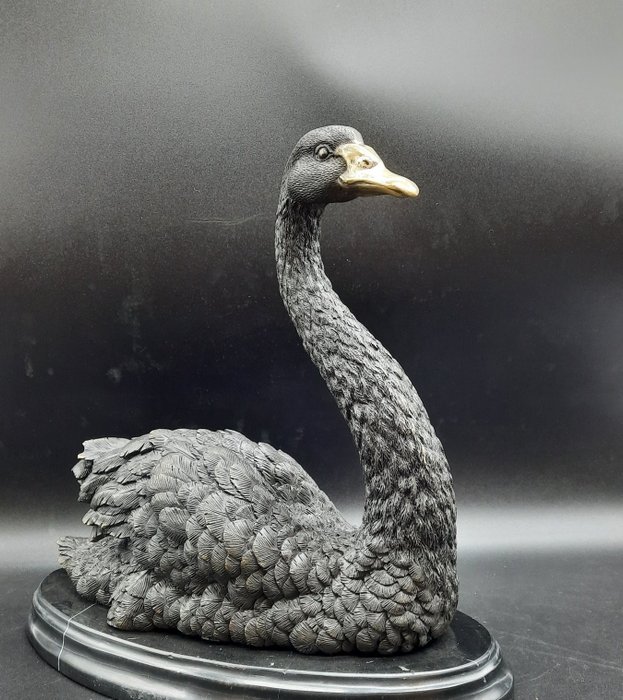 Beeld, Bronze Swan 6.4KG - 30.5 cm - Brons, Marmer