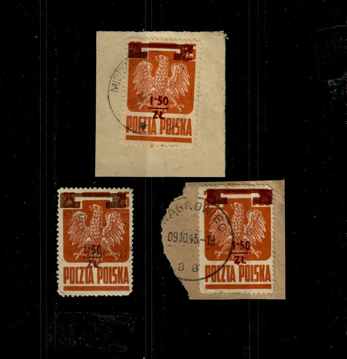 Poland 1945 - Rare stamps in dark red-brown with surcharged of 1.50zl on 25gr, Type I, v.f. Fisher 2020 376b Type - Fischer 376b