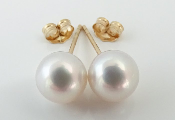 没有保留价 - Akoya Pearls, Round, 7.5 -8 mm - 耳环 - 14K包金 黄金 