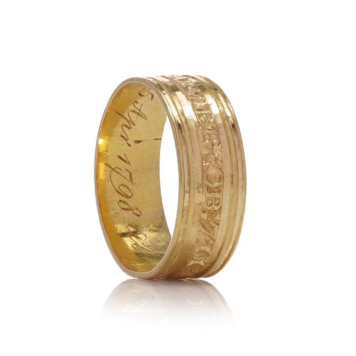 Inel Georgiana antica 22kt. bandă de doliu din aur galben cu inscripție 