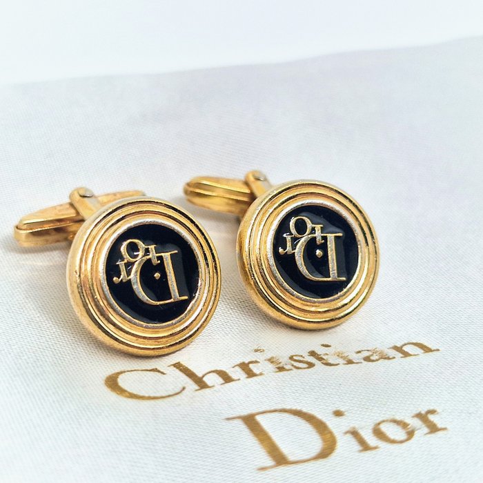 Christian Dior Paris 1970s, black Dior initial gold plated gentleman's - Gullplattert - Mansjettknapper