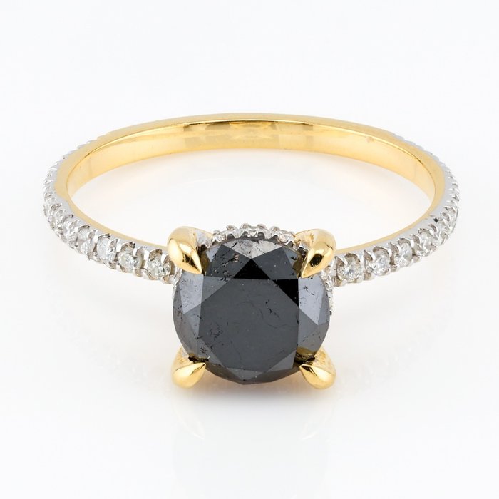 (IGI Certified) - (Black Diamond) 1.75 Cts - (Diamond) 0.25 (38) Pcs - Ring - 14 kt Gelbgold, Weißgold 