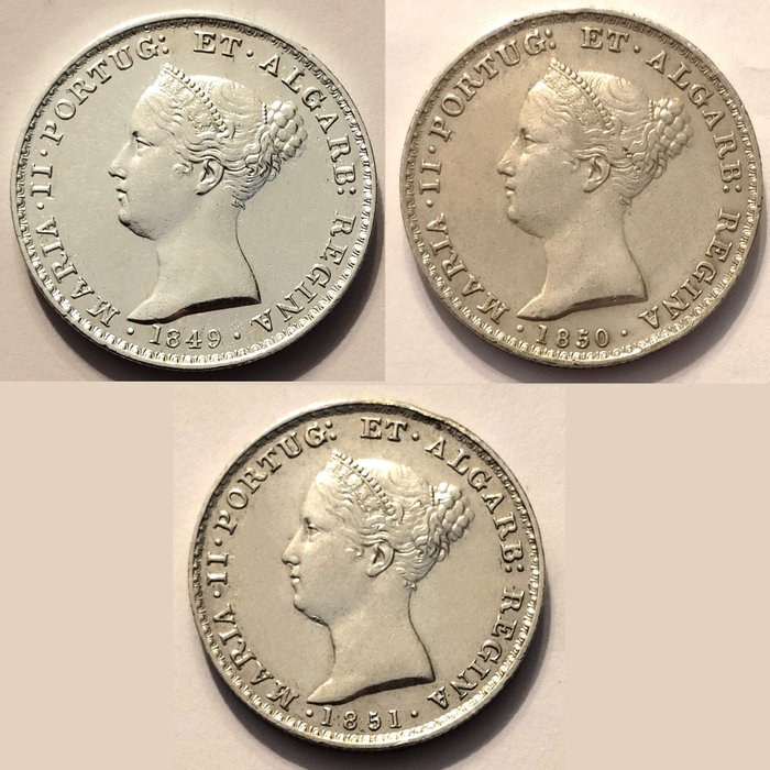 葡萄牙. D.瑪麗亞二世 (1834-1853). 500 Reis - 1849 + 1850 + 1851 - 3 Moedas