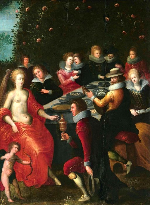 Louis de Caullery (1580-1621), Atelier/ Schule - Festgesellschaft mit Venus und Amor, Allegorie der Liebe
