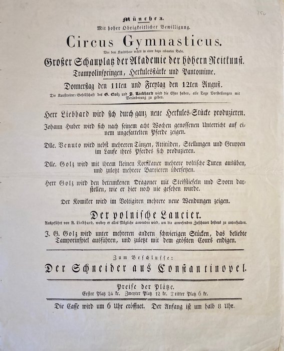 (Goltz und Liebhard) Cirque Gymnasticus großformatiges Zirkusplakat (rare circus announcements) - 1825