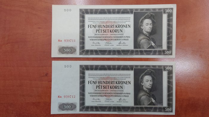 Bohemia and Moravia. - 2 x 500 Kronen Kronen 1942 - Pick 12a - consecutive  (No Reserve Price)