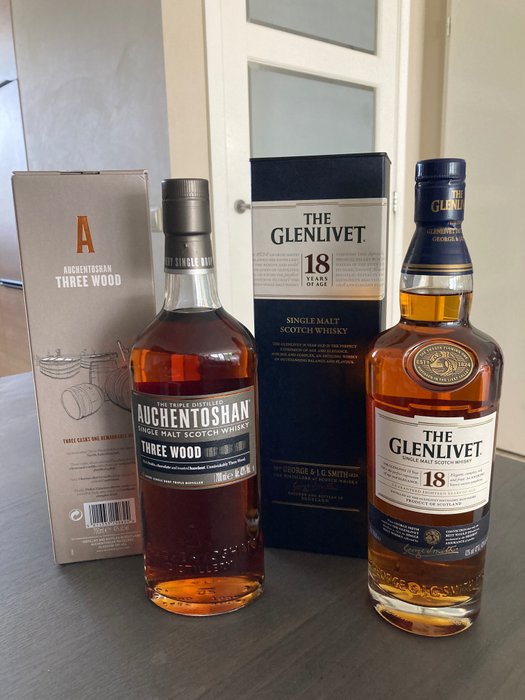 Auchentoshan, Glenlivet, Auchentoshan Three Wood & Glenlivet 18 years old, b. 2017 - Original bottling  - 700 ml - 2 flasker