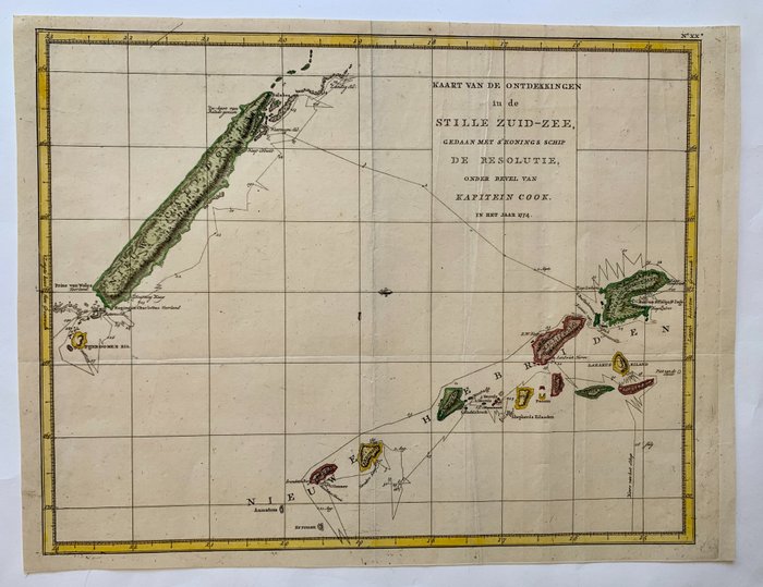 Ozeanien, Landkarte - Neu-Kaledonien; James Cook - Kaart van de ontdekkingen in de stille Zuid-Zee, gedaan met s'Konings schip de Resolutie - 1801-1820