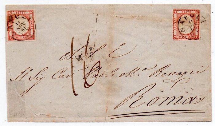 Napolin maakunnat 1861 - Pr. Napoletane - kirjain 5 jyvällä kaksinkertaisella kehystetyllä fileellä, erittäin harvinainen - Sassone 21, 21o