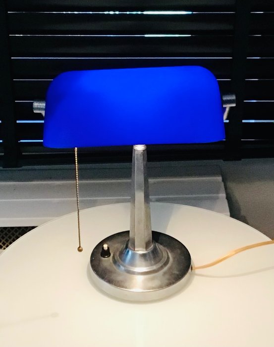 Lamp - Art Deco Bankers Desk Lamp Glass Double Blue White - Metal