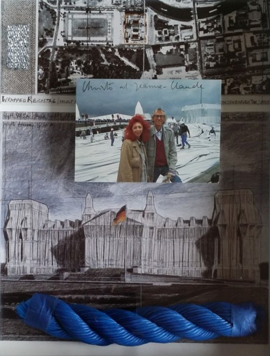 Christo & Jeanne-Claude (1935-2020) - Wrapped Reichstag, signed artcard and poster with original rope and fabric
