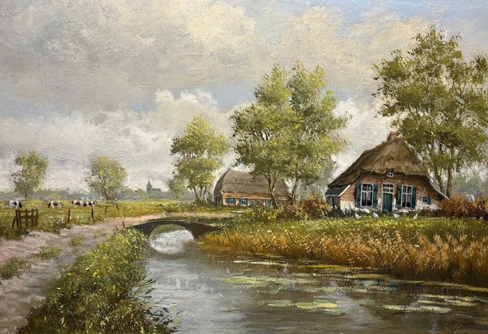 Jan Willem Rietveld (1939) - Hollands landschap met koeien in het weiland.