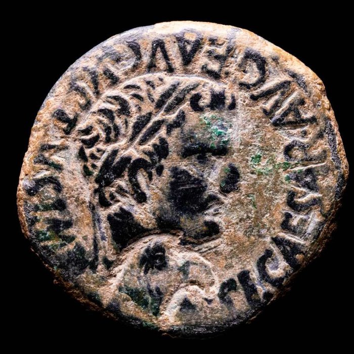 Roman Empire (Provincial), Hispania, Turiaso. Tiberius (AD 14-37). As, Legionary eagle head countermark. Mint Tarazona (Zaragoza). Tiberius period. (14 -37 AD.). II. VIR within laurel wreath, MAN. SVLP.