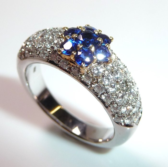 Ring - 18 kt Gult guld, Vittguld Diamant  (Natural) - Safir 