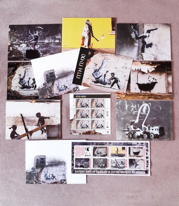 Banksy (1974) - Ukraine - "ПТН ПНХ! (FCK PTN!)"-2 full sets: Set of 7 Postcards + Stamps (7pcs) and Set of Stamps