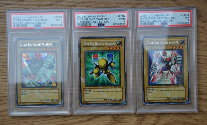 Konami - 3 Graded card - Dualists of the Roses - Yu-Gi-Oh! 3x The Magnet Warriors #DOR-E001/2/3 Europe Dualists of the Roses Promo 2003 PSA 7, 9 & 9 - PSA 9