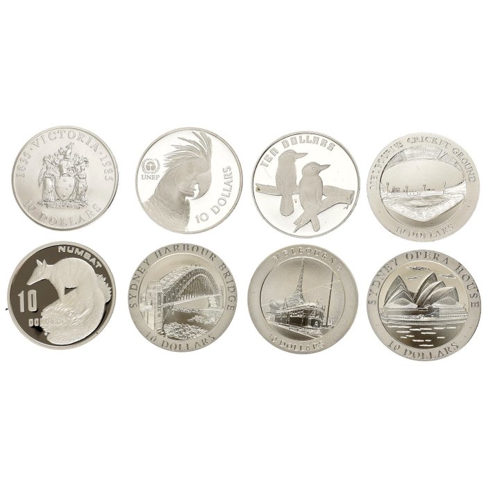 Australien. 10 Dollars 1985/1998 "Herdenkingsmunten" (8 stuks)  (Ohne Mindestpreis)
