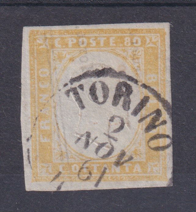 Starożytne państwa włoskie - Sardynia 1860 - Sassone 17B, Euro 800 - VEII 80c giallo arancio chiaro usato