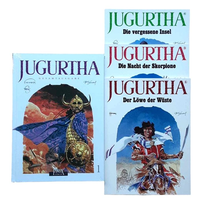 Jugurtha "Jugurtha Gesamtausgabe" 1, "Jugurtha" 1, 3 und 4, inkl. Zeichnung + Autogramm - "Der Löwe der Wüste", "Die Nacht der Skorpione", "Die vergessene Insel" u.a. - 4 Album
