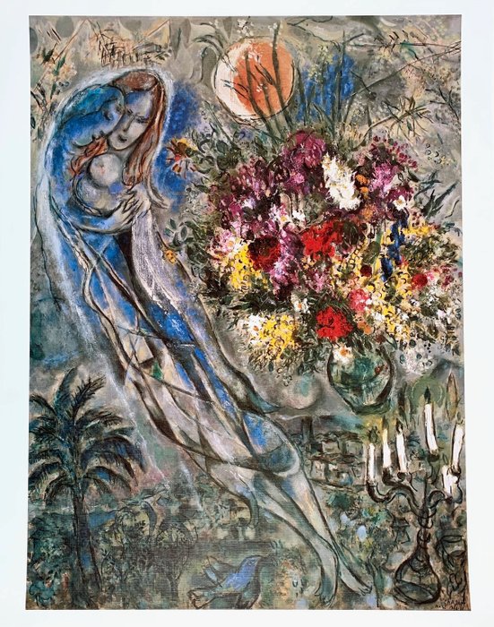 Marc Chagall - Les Amoureux en Gris - Artprint on Canvaspaper - 60 x 48 cm - 1990-talet