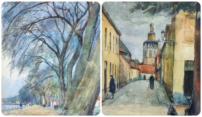 Leo Mechelaere 1880-1964 - straat zicht en landschap 2 schilderijen