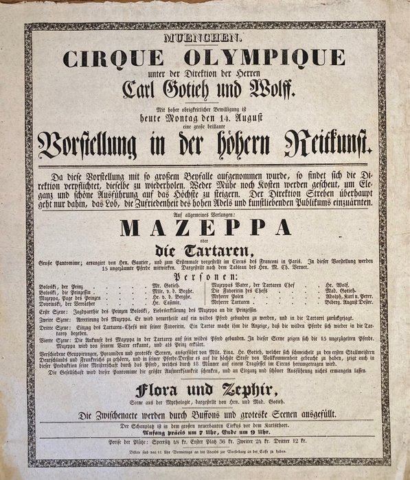 (Gebrüder Tourniare) Olympischer Circus großformatiges Zirkusplakat (rare circus announcements) - 1837