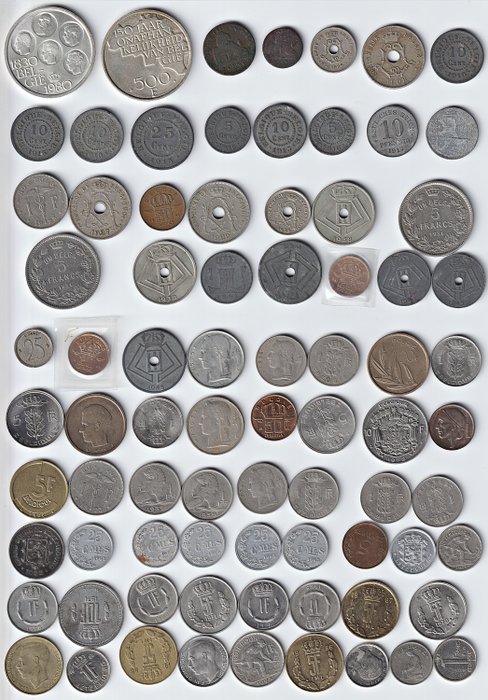 卢森堡, 比利时. Mixed lot of 79 coins (including Silver, aluminum and zinc) ND 1846-1998  (没有保留价)