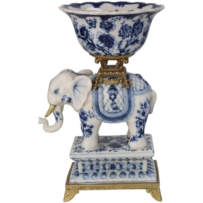 Decoratief ornament - Porseleinen olifantenkom, messing ornament - India 
