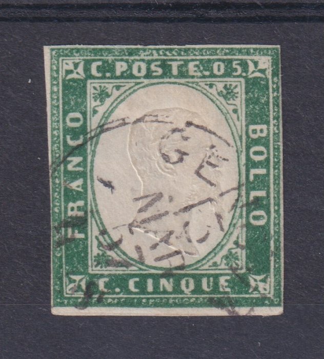 Italienische antike Staaten - Sardinien 1855 - VEII 5c gräuliches Smaragdgrün verwendet - Sassone 13g