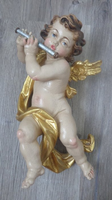 Schnitzerei, farbiger Engel  mit Querflöte  Amor  Wandfigur - HOLZFIGUR - Handarbeit - 24 cm - Holz