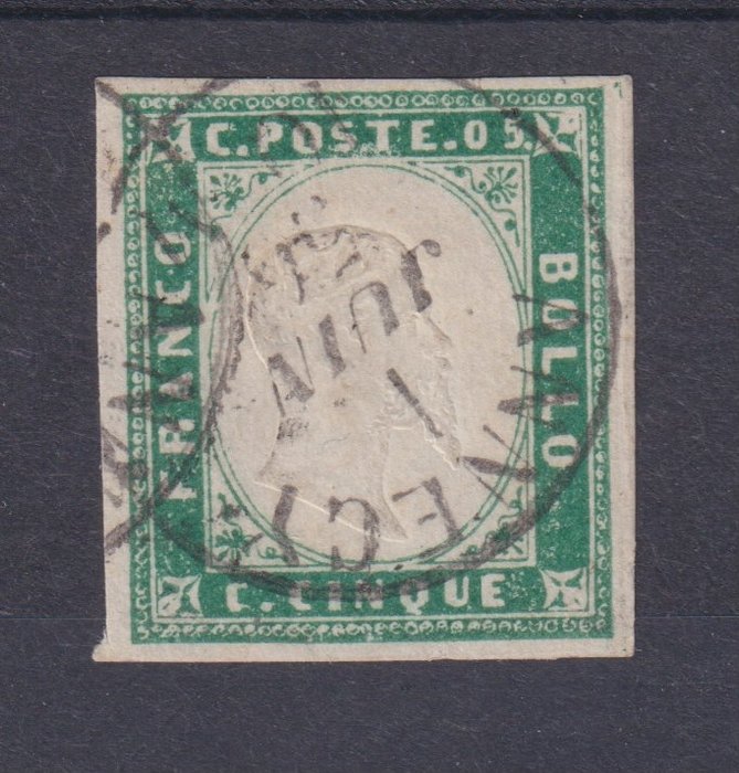 Antigos Estados Italianos - Sardenha 1855 - Sassone 13d, 850 euros - VEII 5c verde smeraldo usato