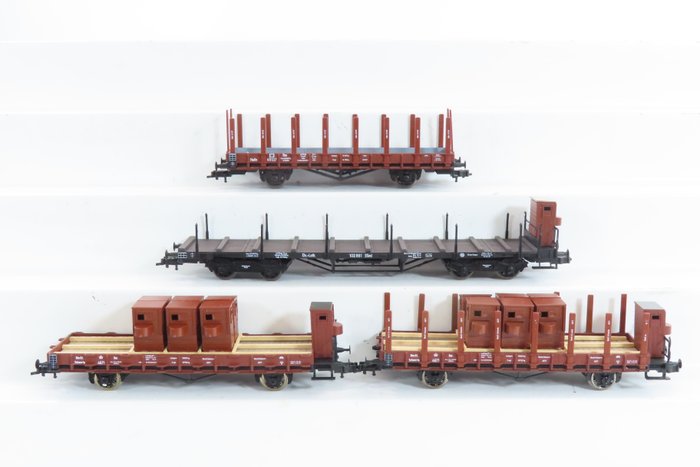 Roco H0 - 66348/44083 - Modellbahn-Güterwagen (3) - 2 Rungenwagen beladen mit Bremserhaus und 2 Rungenwagen unbeladen - KPEV