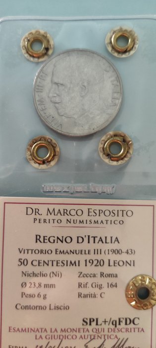 意大利， 意大利王国. 维托里奥·伊曼纽尔三世·迪·萨沃亚 （1900-1946）. 50 Centesimi 1920 "Leoni" liscio  (没有保留价)