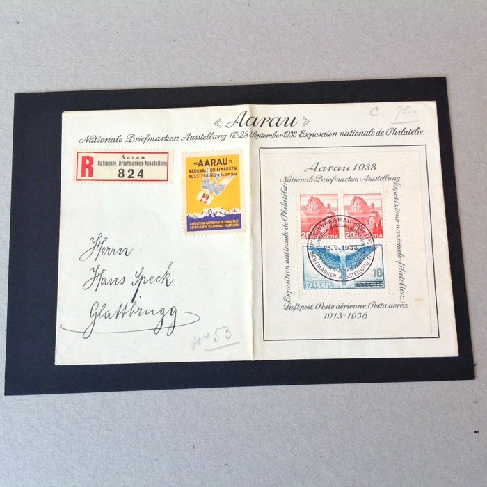Sveitsi 1938 - Aarau-kortteli, jossa näyttelyn vinjetti kirjatussa kirjeessä - Michel