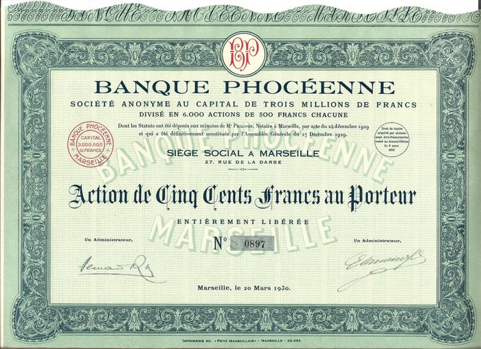 Joukkovelkakirja- tai osakekokoelma - Ranska - Banque Phoceenne - Osuus 500 FR - 1930 - 29 kuponkia