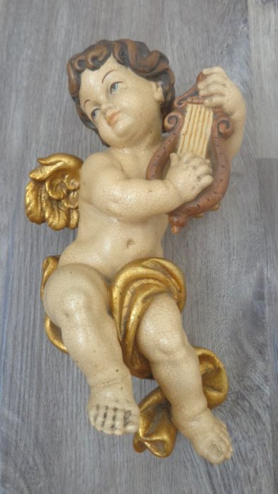 Carving, farbiger Engel  mit Harfe  Amor  Wandfigur - HOLZFIGUR - Handarbeit - 24 cm - Wood