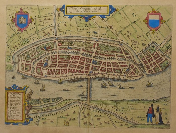 Nederland, Stadsplan - Kampen; L Guicciardini - Campen. Urbis Campensis ad isolam Fluuium icon. - 1612