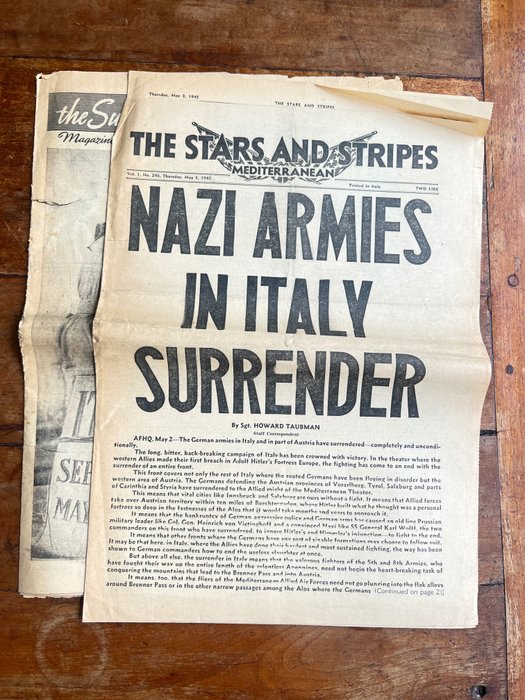 US Army WW2 Stars & Stripes ''Surrender in Italy'' Issue - 3rd of May 1945 - A.H. death news - Mussolini - surrender of German Army - Reims - Italian issue - 1945