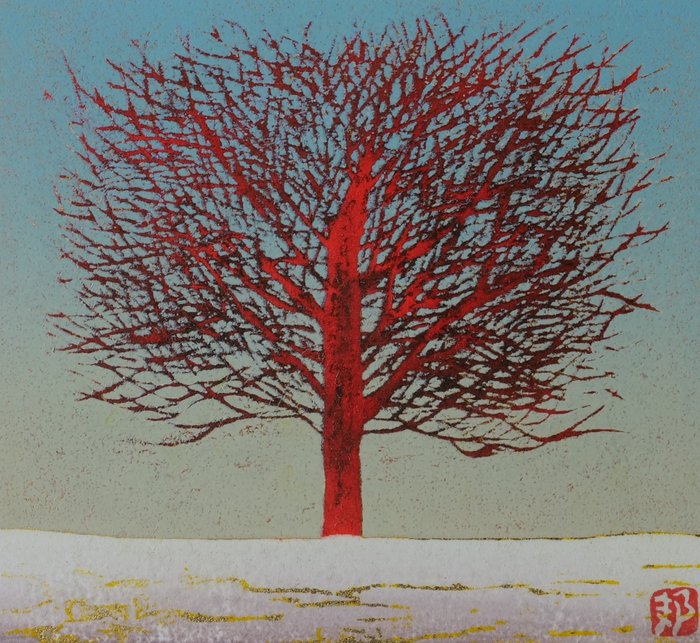 Gravure sur bois originale - A little Red Tree - Edition 59/200 - 2012 - Kunio Kaneko (b 1949) - 日本