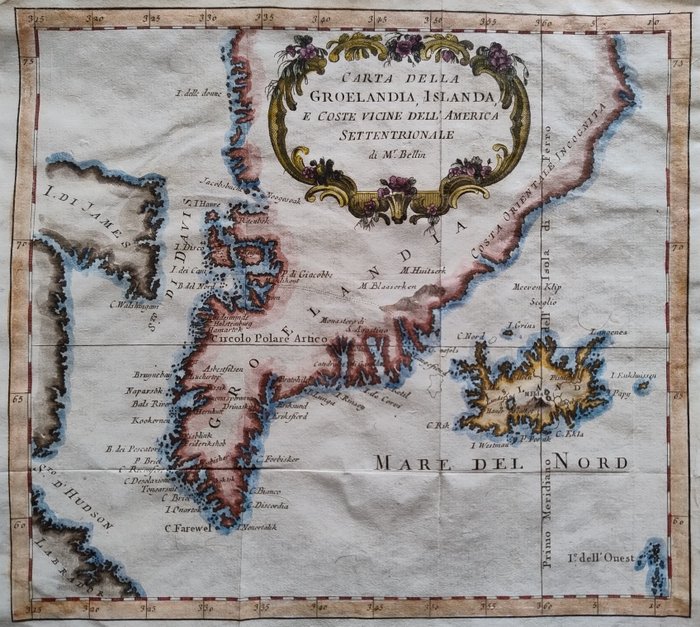 Amerika, Landkarte - Nordamerika / Grönland / Island; Formaleoni - Carta della Groelandia, Islanda e Coste vicine dell'America Settentrionale - 1781