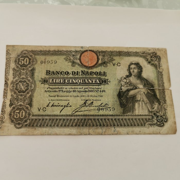 Itália. - 50 Lire 1903 Banco di Napoli - R3 - Gigante BN 5B; Pick S846  (Sem preço de reserva)