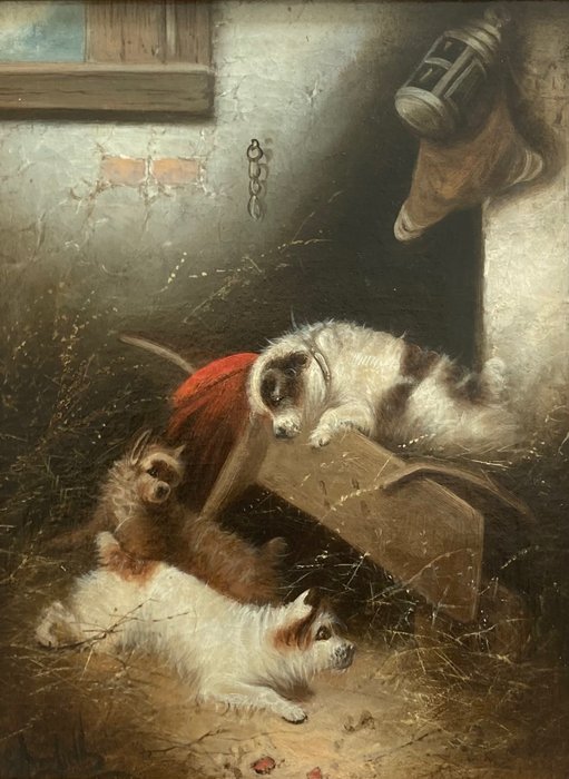 Edward Armfield (1817-1896) - Spelende honden in schuur